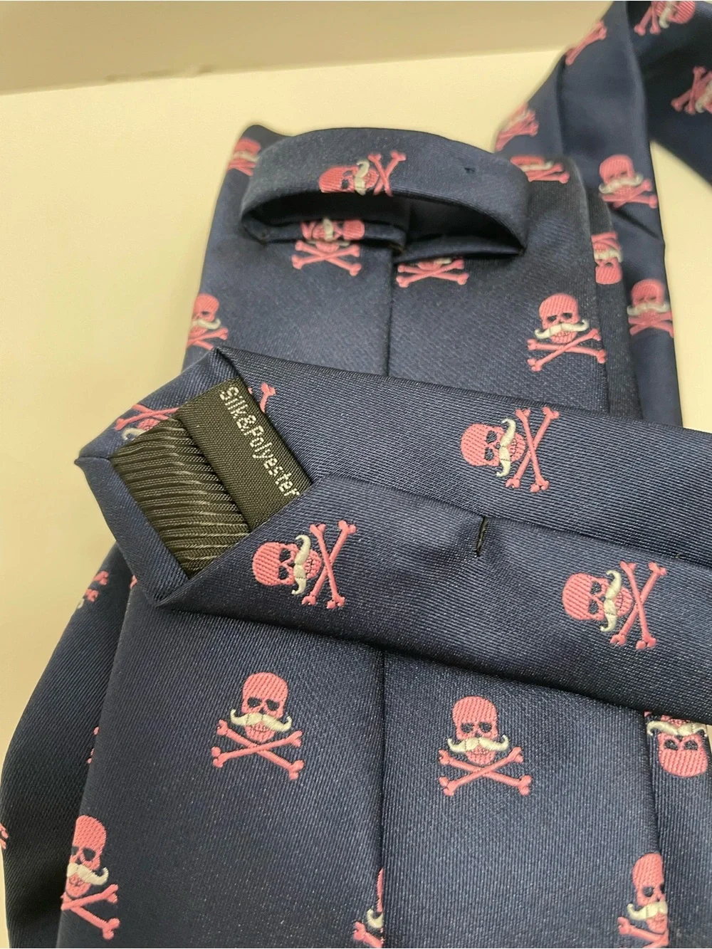 Men's Navy Tie and Pocket Square Set with Pink Skull with Mustache Pattern